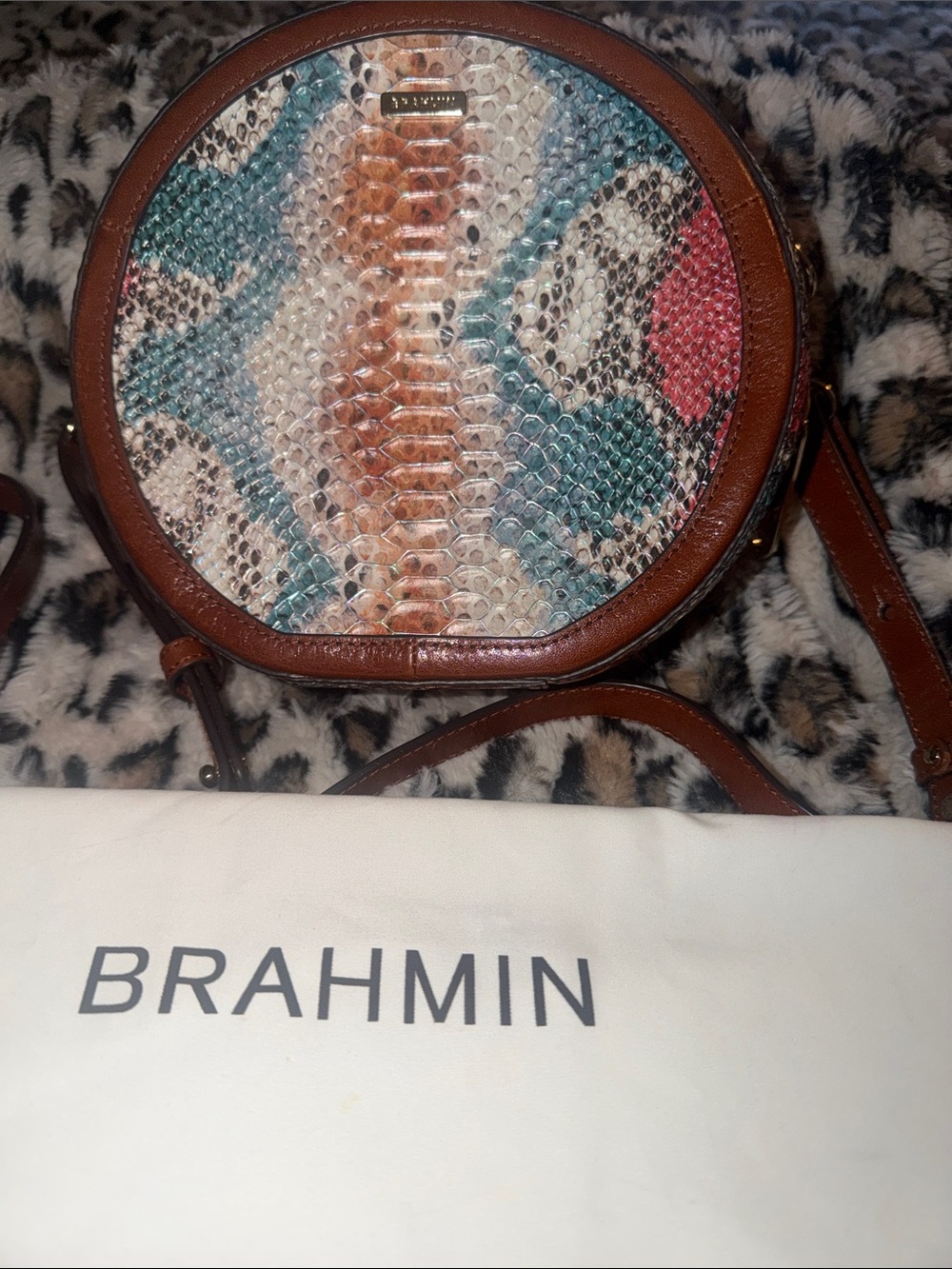 Brahmin Round Multi-Color Snake-Embossed Crossbody with Brown Trim